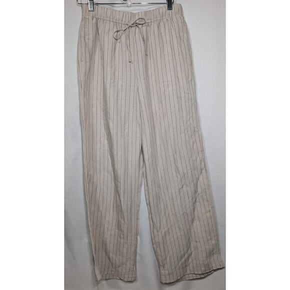 H&M Womens Linen Blend Wide Leg Pull On Pants S Beige Pinstripe Resort Coastal - Picture 5 of 8